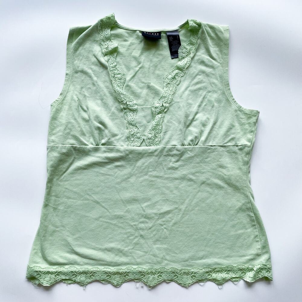 Women's Vintage Y2K Axcess Liz Claiborne Green Babydoll Top Lace Trim Size Large